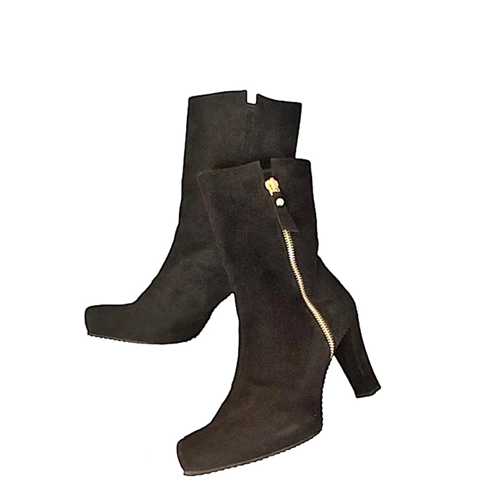 Steward Weizmann Black Heeled Suede Boots With Gold  Outside Zipper size 10